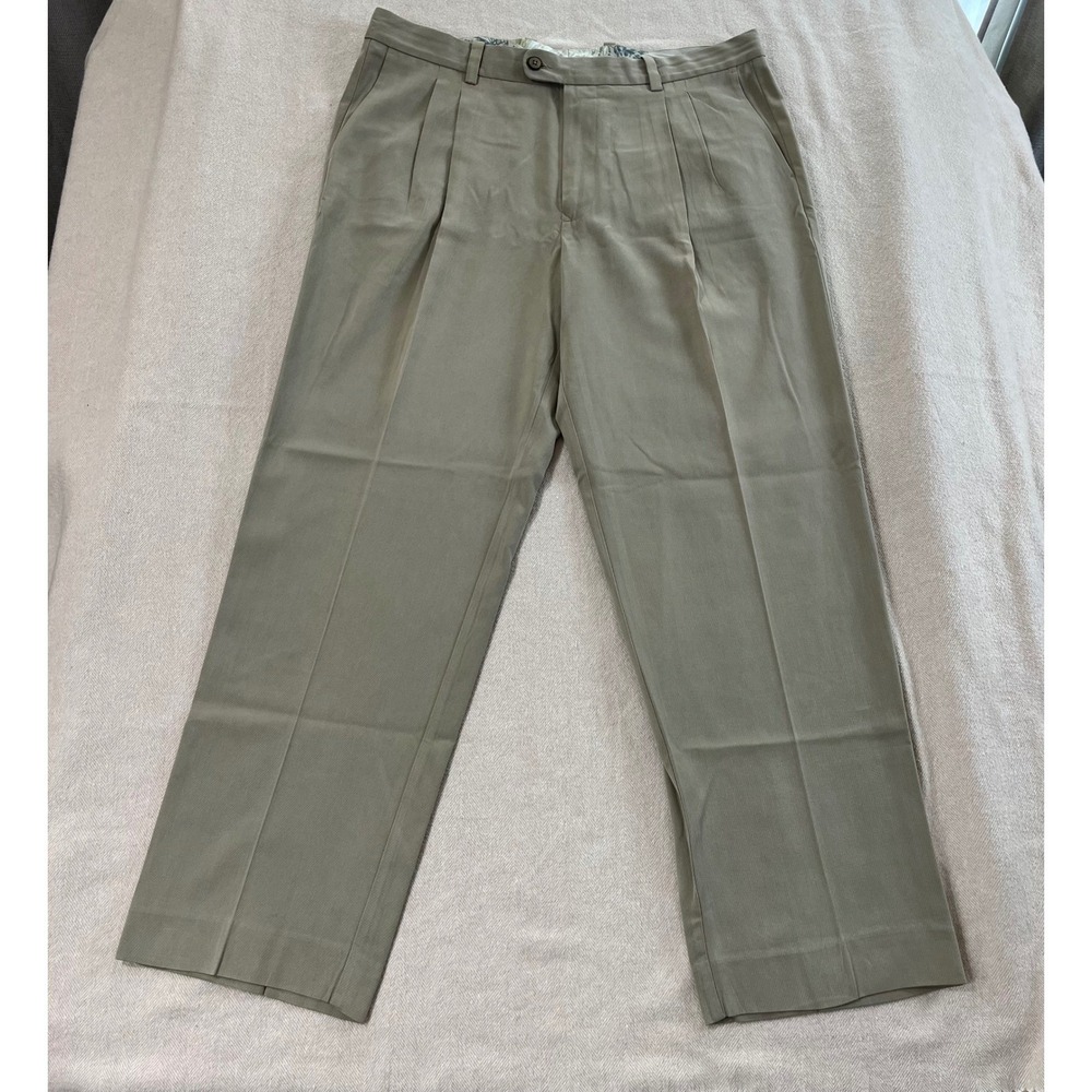 Tommy Bahama Silk Pleated Trousers Pants Mens Size 36 Khaki Tan Straight Leg EUC